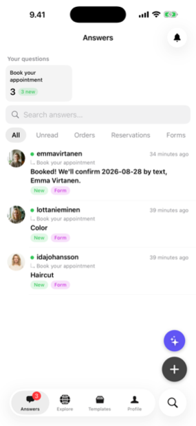 The Answe app inbox showing incoming answers
