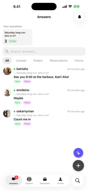 The Answe app inbox showing incoming answers