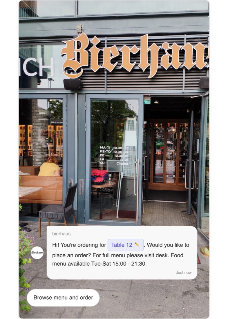 Bierhaus’s live table-ordering widget — the QR code fills in the table number.