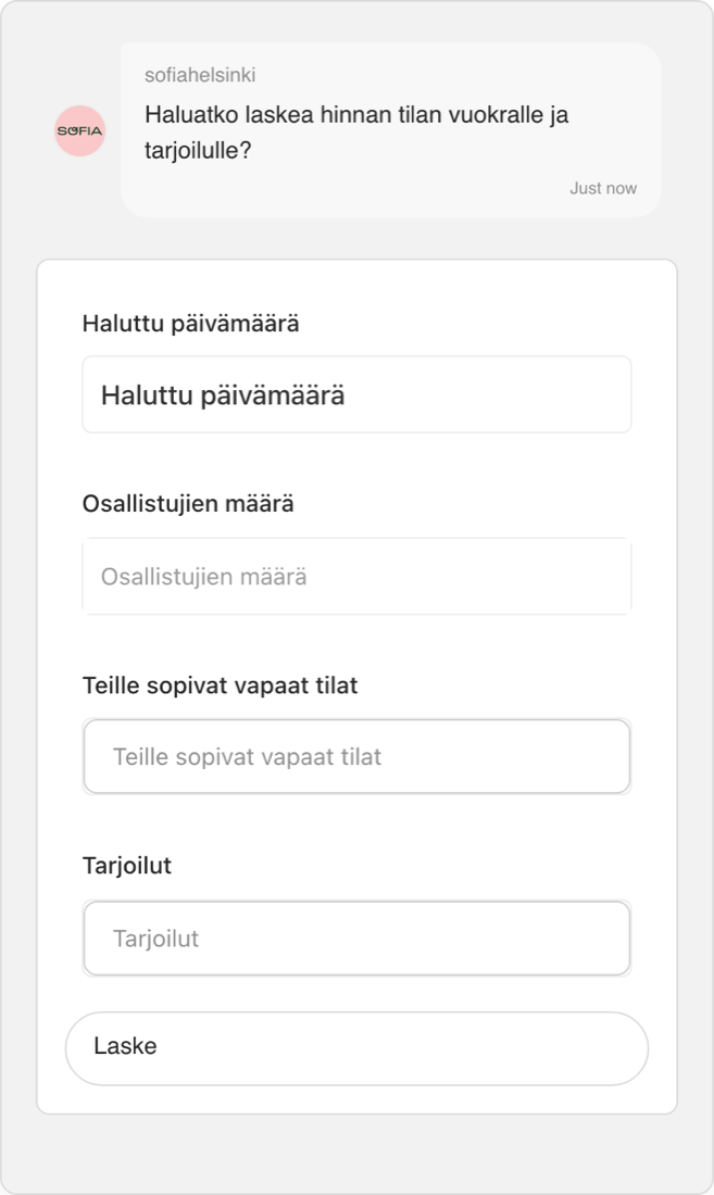 Sofia’s live price calculator, as visitors see it on sofiahelsinki.fi.
